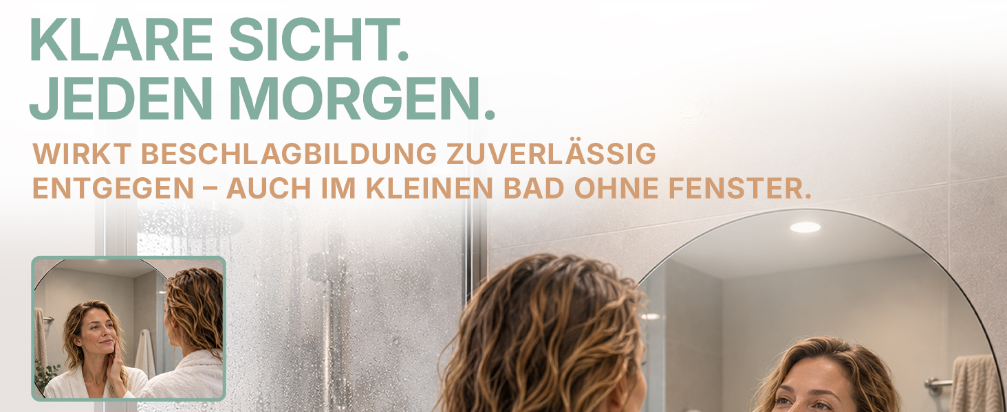 Runde Heidenfeld Infrarot-Spiegelheizung im Badezimmer, die Beschlagbildung reduziert und auch in fensterlosen B&auml;dern f&uuml;r klare Sicht sorgt.